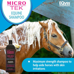 Eqyss Micro-Tek Champú Equino - aplicación en caballo: calma la comezón y favorece un pelaje suave.