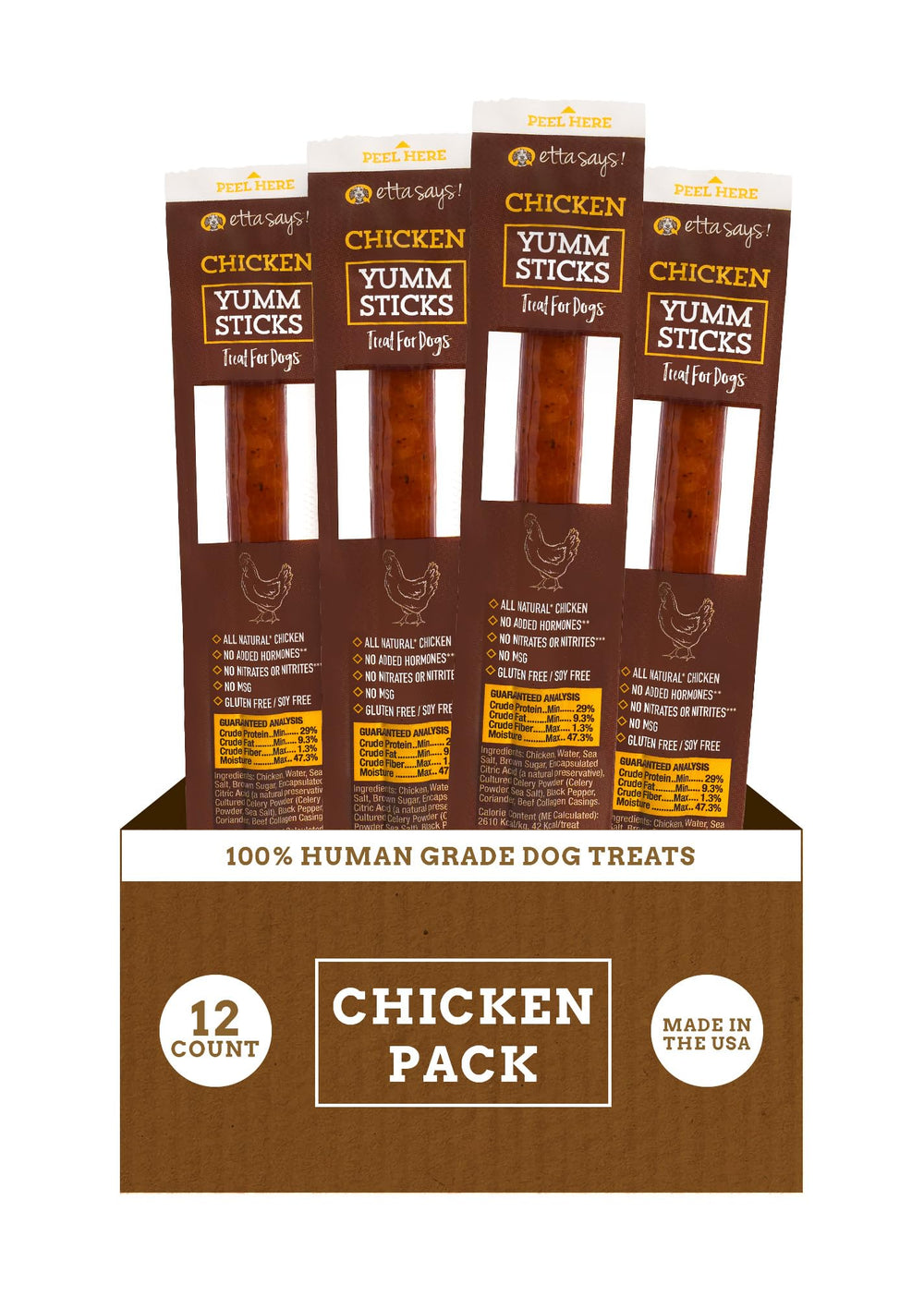 etta says! Yumm Sticks: tiras de pollo en paquete a la vista para perros activos.