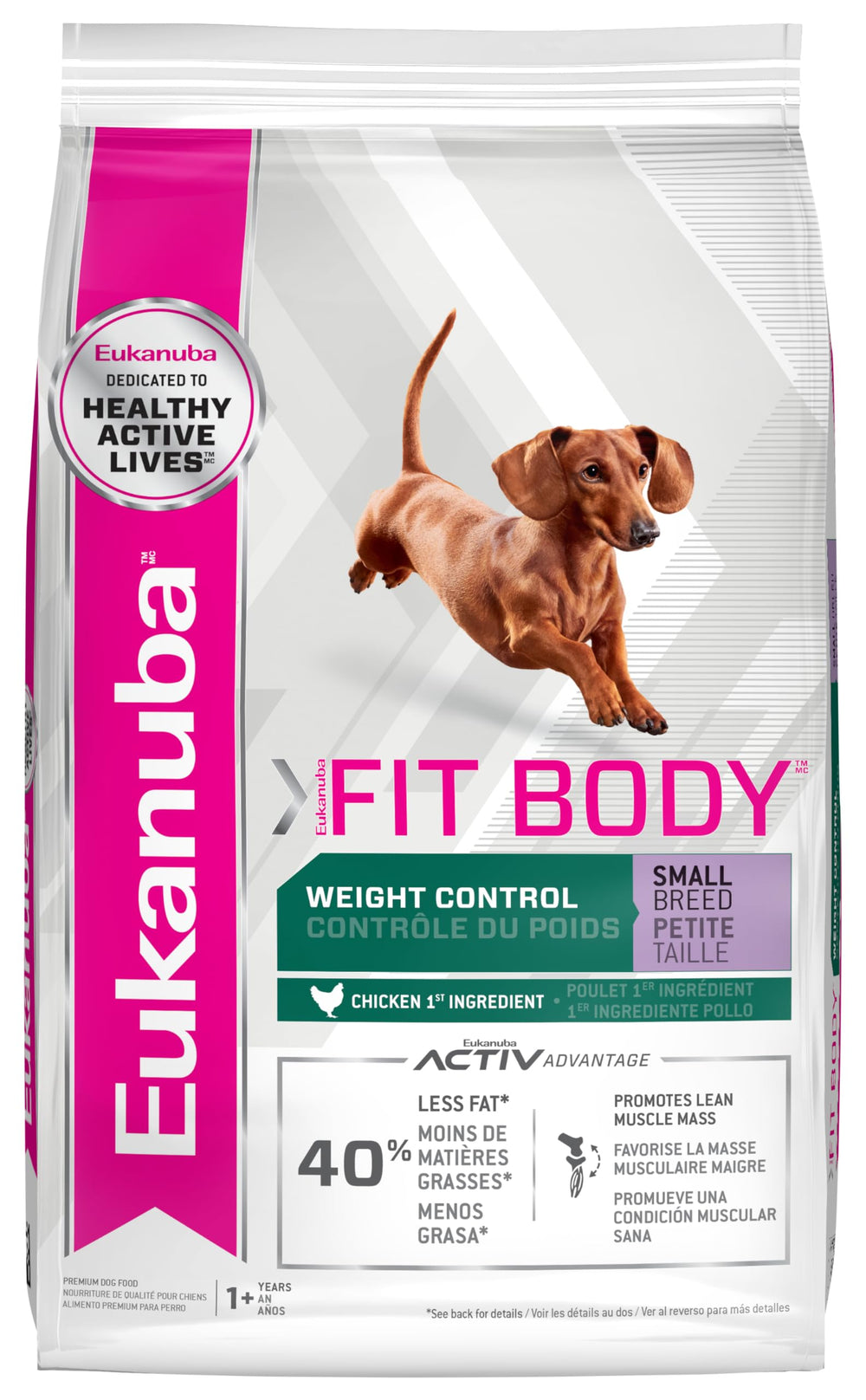 Eukanuba Fit Body Control bolsa 15 lb, primer ingrediente pollo para perros pequeños.