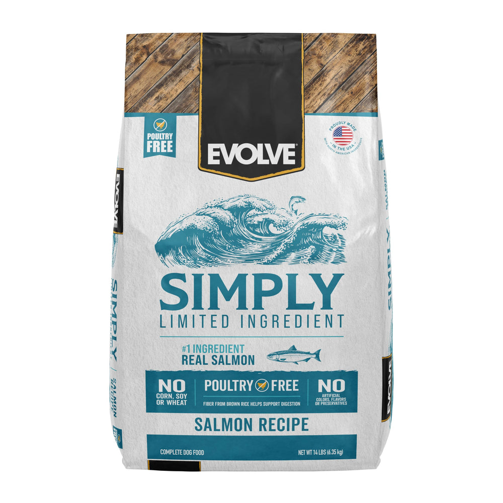 Evolve salmón: bolsa de alimento para perros, ingrediente principal de salmón, sabor natural.