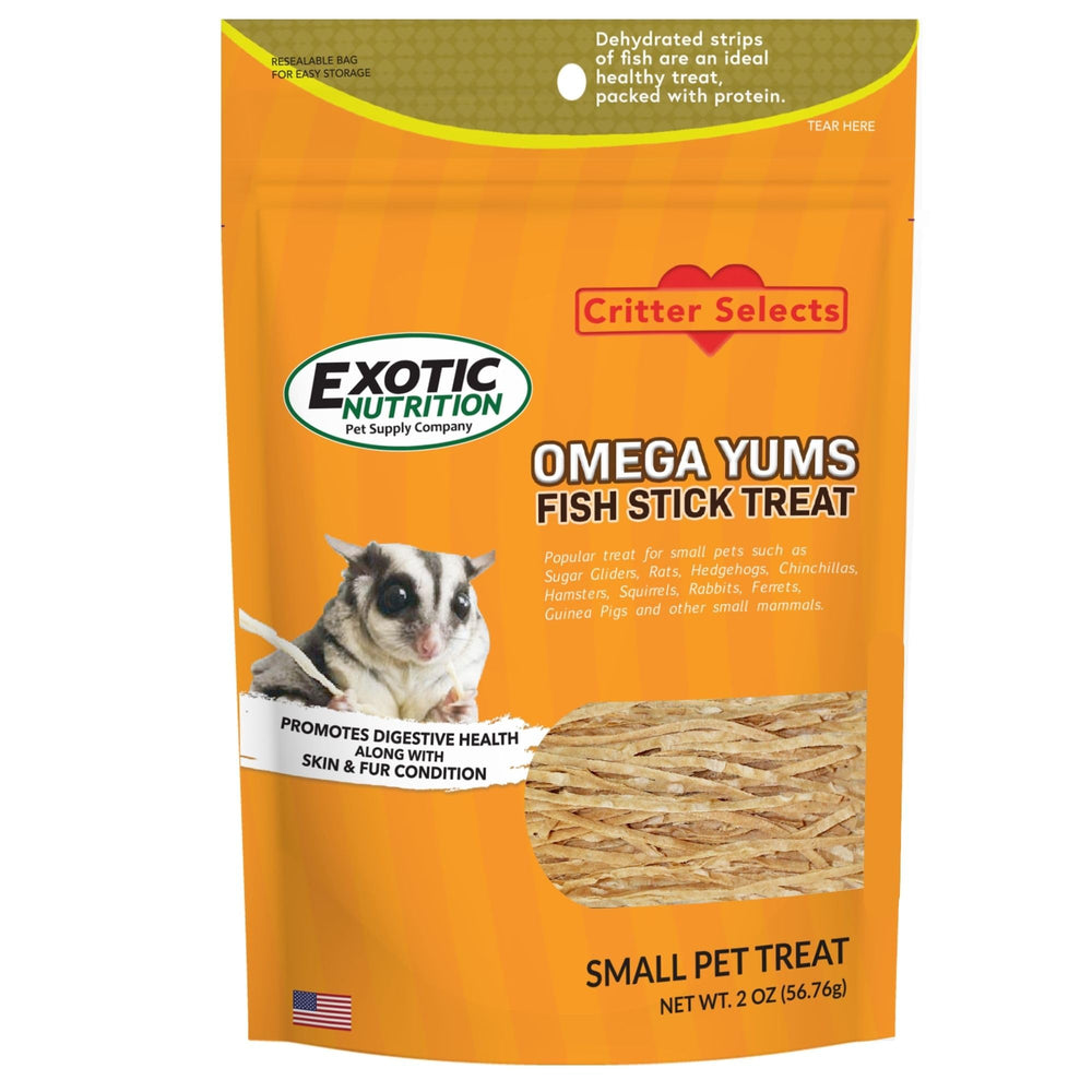 Omega Yums Exotic Nutrition, envase del producto, snack saludable para mascotas pequeñas.