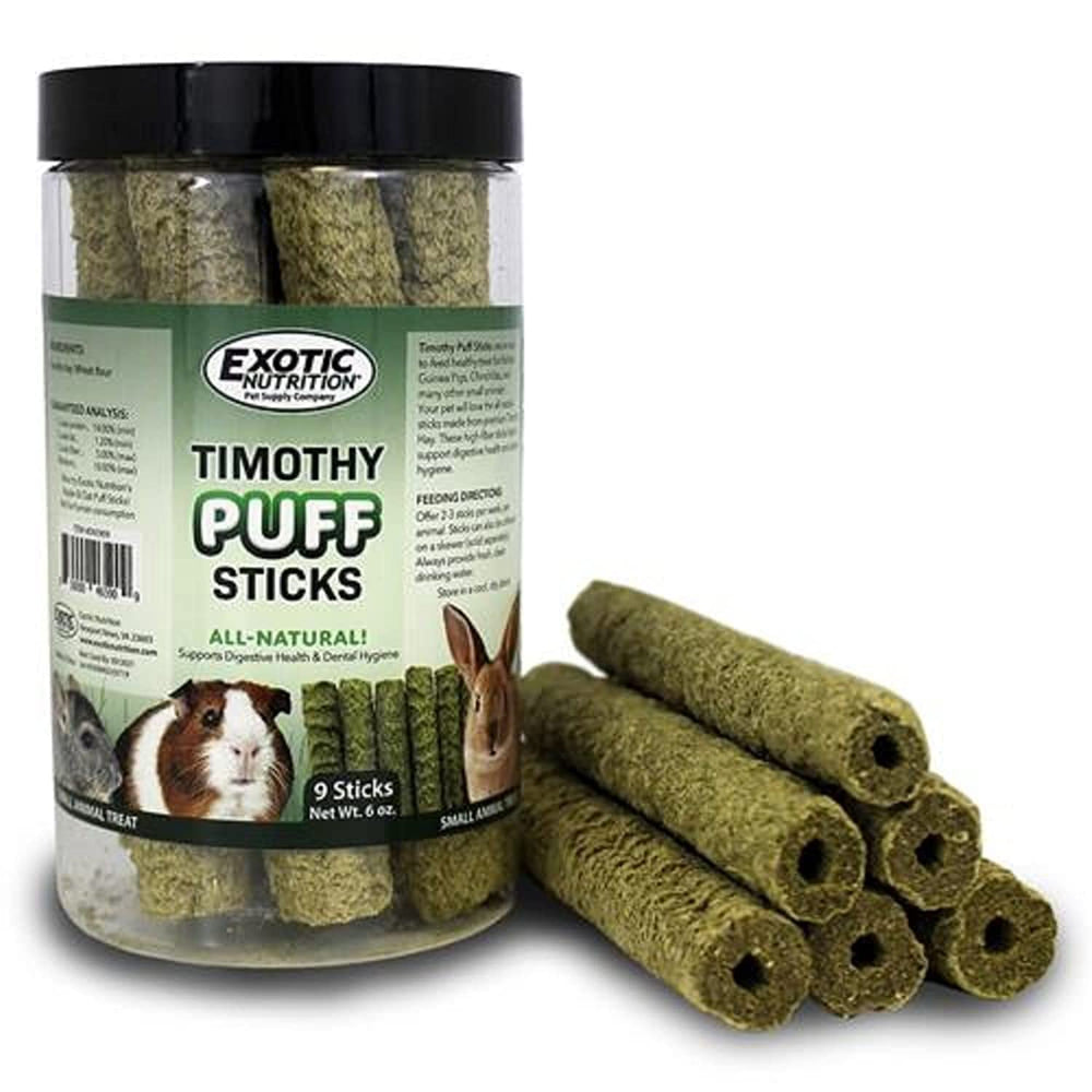 Timothy Puff Sticks de Exotic Nutrition, palitos crujientes para estimular la masticación.