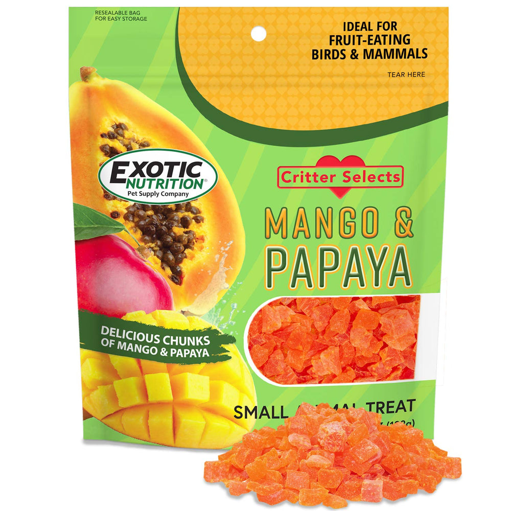 Exotic Nutrition bolsa de 128 g con Mango y Papaya, snack sabroso para mascotas pequeñas.