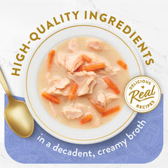 Fancy Feast Caldo cremoso pescado blanco, aporta humedad y sabor marino.