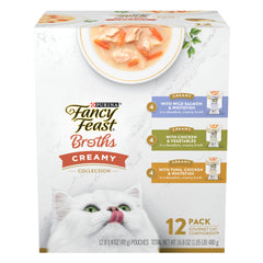 Fancy Feast Broths chicken and vegetables pouch; creamy broth topper to entice meals.