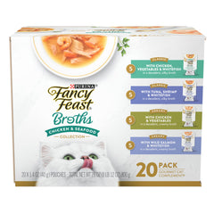 Fancy Feast Broths: trozos reales de pollo y mariscos en caldo sedoso para realzar el sabor