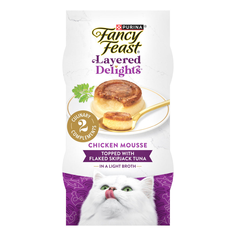 Fancy Feast Capas Deliciosas mousse de pollo con atún, snack sabroso para gatitos