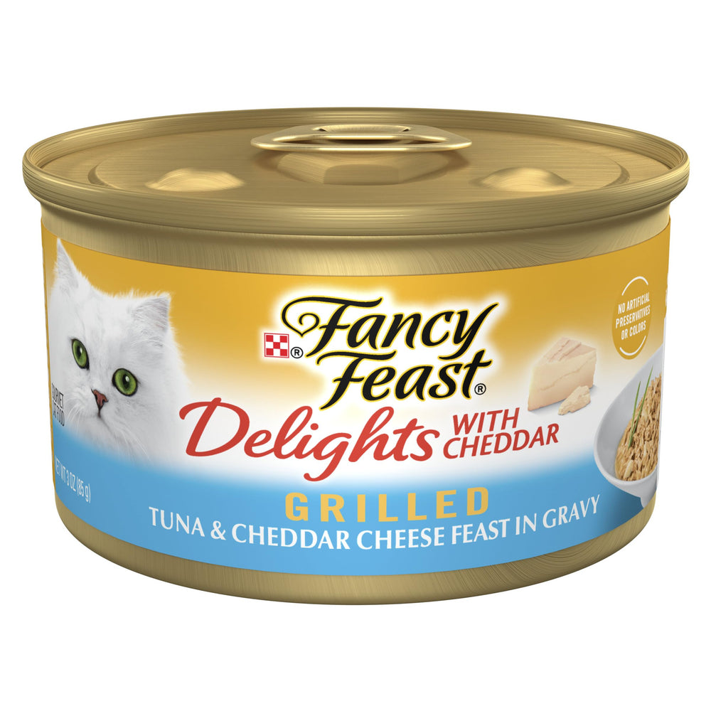 Fancy Feast Delights: atún asado y queso cheddar en lata, sabor que invita a comer.