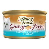 Purina Fancy Feast Gravy Lovers salmón y lenguado en lata, sabor apetecible para gatos.