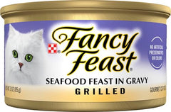 Fancy Feast FF Mariscos a la parrilla 3oz - etiqueta visible, información clara del producto.