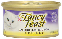 Fancy Feast FF Mariscos a la parrilla 3oz - lata frontal, formato cómodo para gatos.