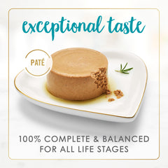 Fancy Feast paté textura suave, experiencia gourmet para gatos exigentes, fácil de servir