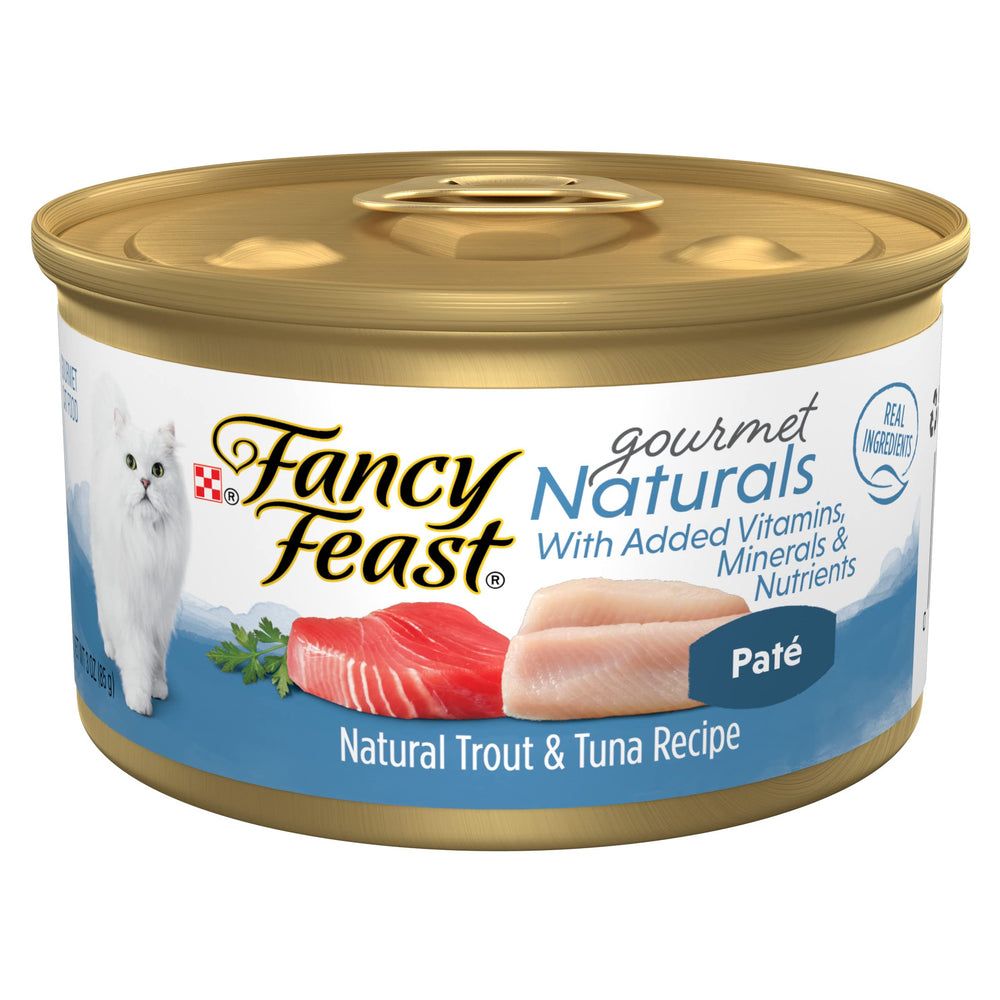 Fancy Feast Pate Trucha y Atún: lata 3oz con sabor irresistible para gatos adultos.