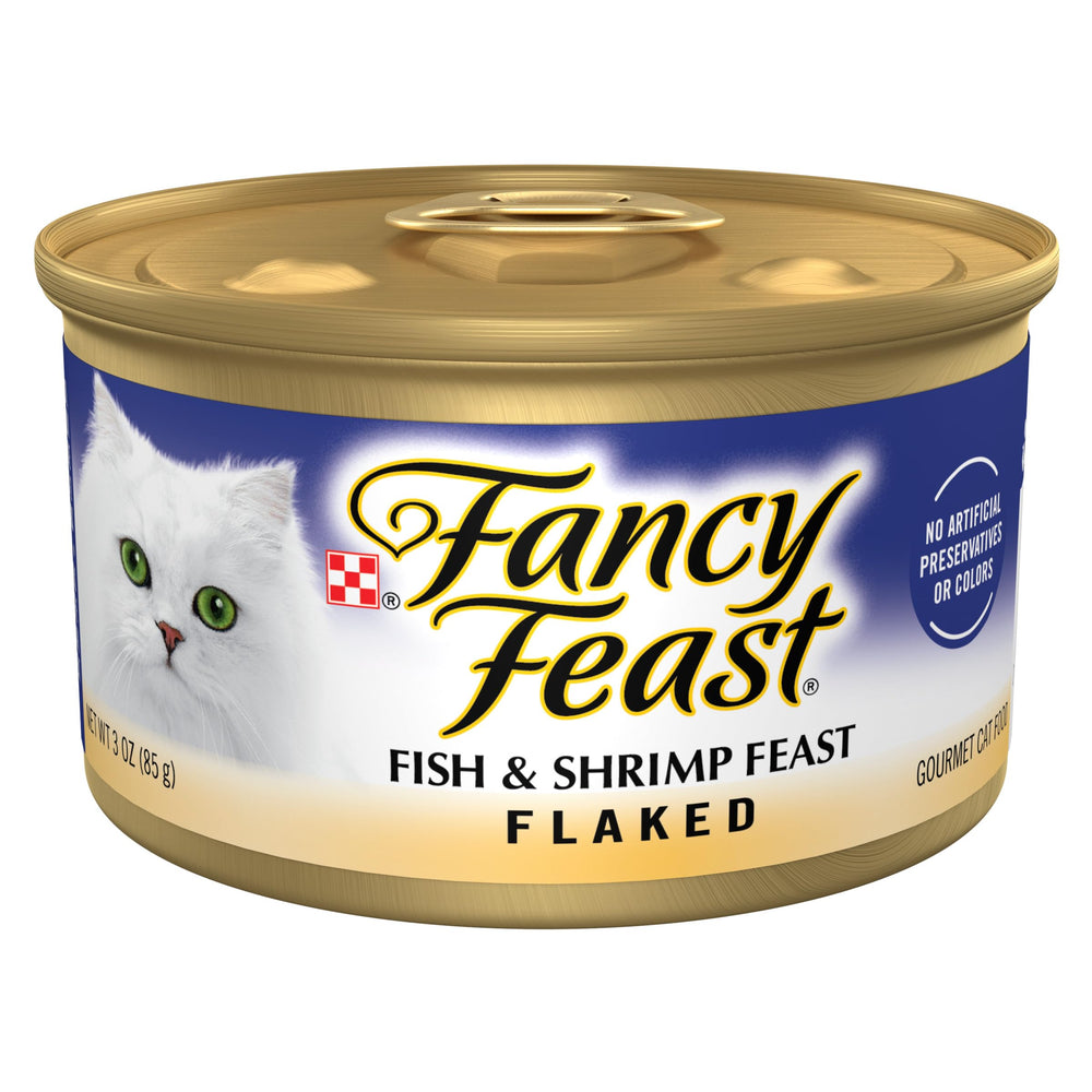Fancy Feast pez y camarones: textura desmenuzada para gatos adultos.