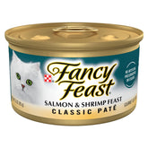 Fancy Feast salmón y camarón paté cremoso en lata; textura suave para masticar.