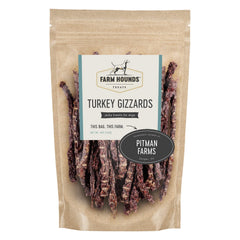 Farm Hounds turkey gizzards bag – 4oz jerky for dogs, ideal training rewards.