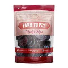 Farm To Pet chips de ternera en envase, snack natural para entrenamiento.