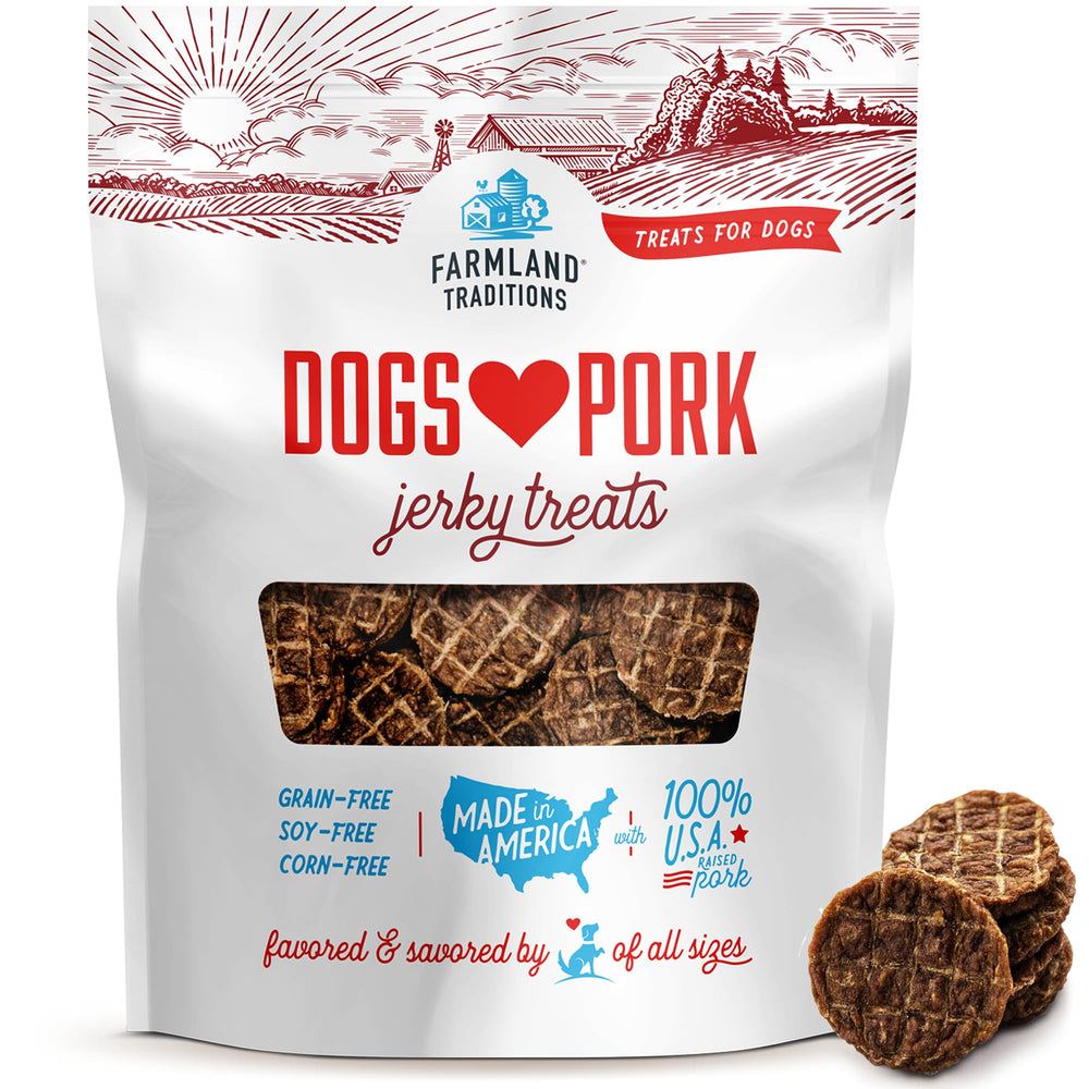 Farmland Traditions jerky de cerdo para perros, empaque visible, snack premium.