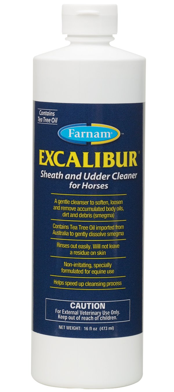 Farnam Excalibur limpiador de vaina, frente del envase, limpieza suave para caballos.