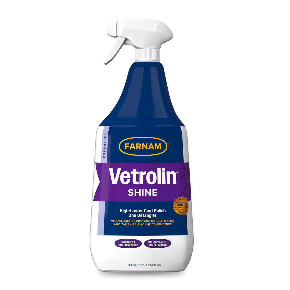 Farnam Vetrolin Shine en botella atomizador para brillo duradero en manto, crin y cola.