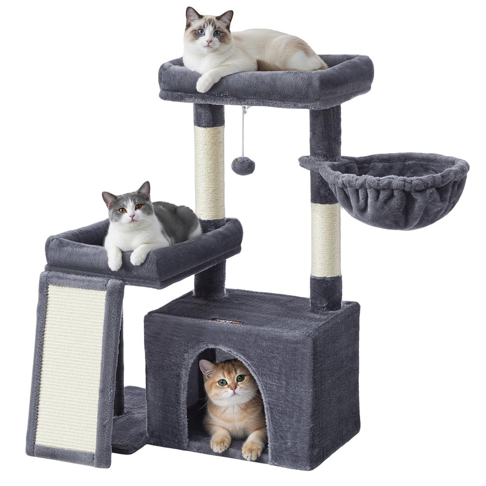 Feandrea arbol-gatos torre con rasca y rampa: refugio elevado para varias mascotas.
