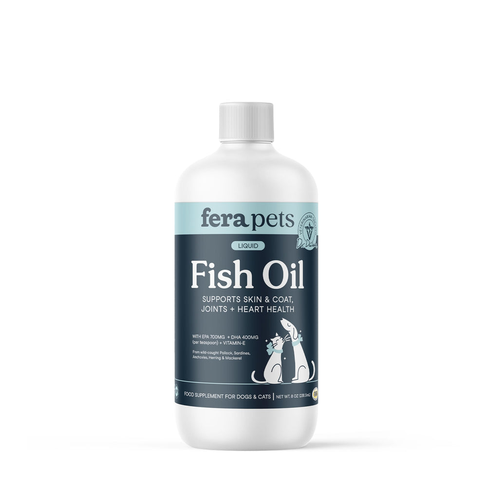 Fera Pets aceite de pescado omega-3 para pelaje y piel sanos.