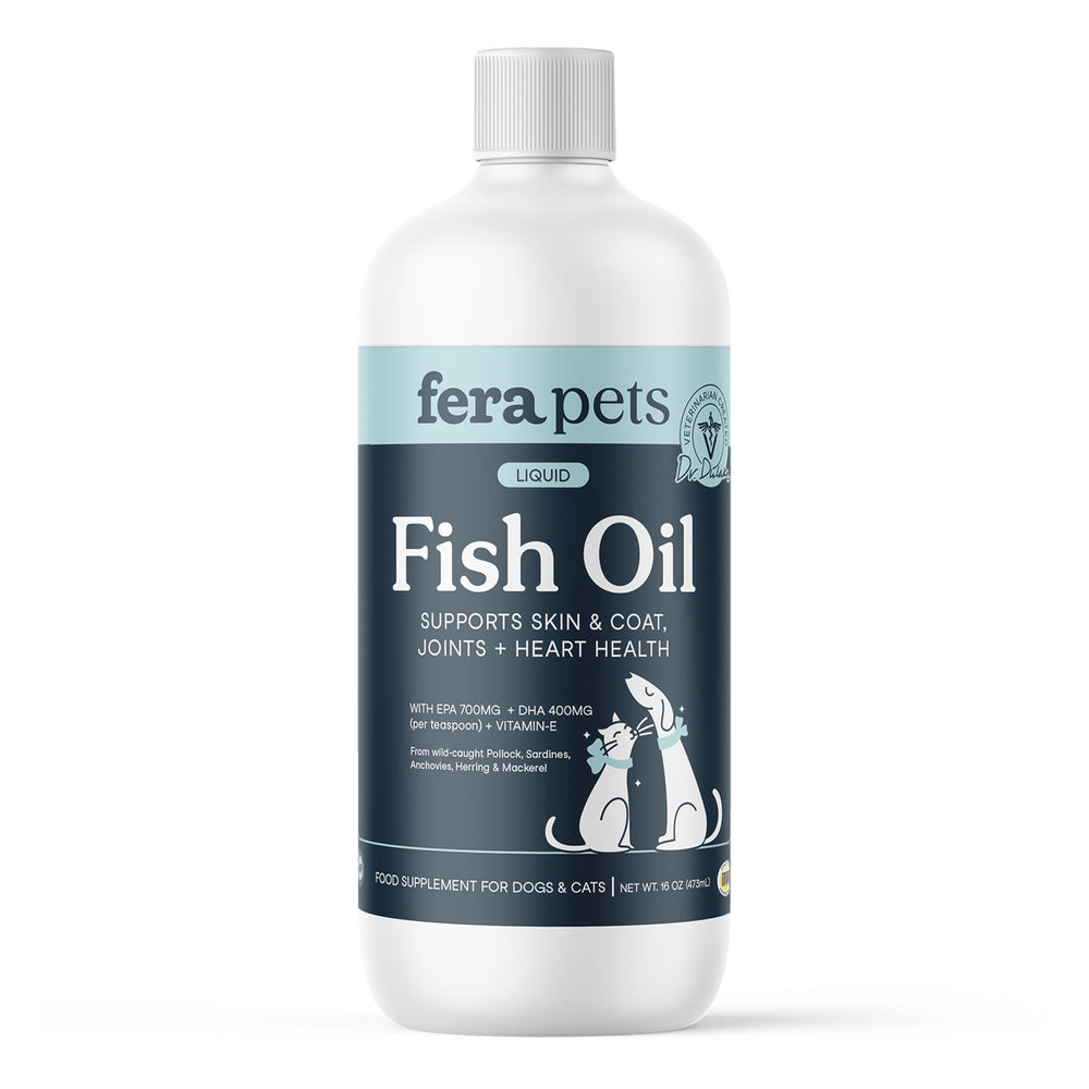 Fera Pets aceite de pescado, botella vertiendo, para añadir a la comida diaria.