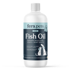 Fera Pets aceite de pescado, botella vertiendo, para añadir a la comida diaria.