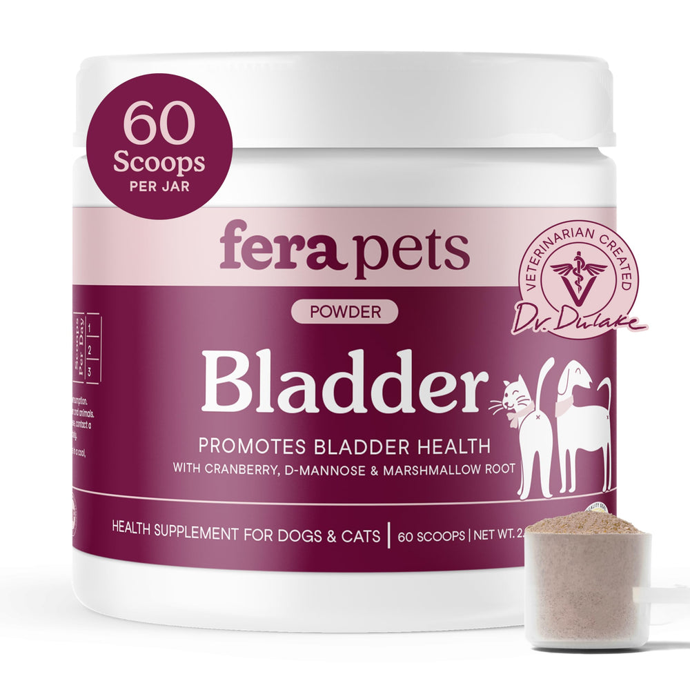 Fera Pets: botella con cucharas medidoras, arándano para apoyo urinario.