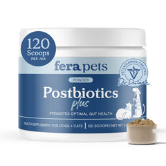 Fera Pets postbióticos y prebióticos en bote para apoyar la digestión suave.