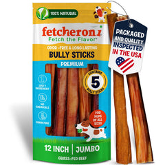 FETCHERONI Bully Sticks de 12 pulgadas para perros grandes, perfecto para masticadores fuertes.