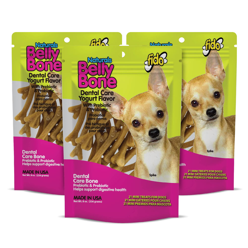 Fido Belly Bones mini yogur: huesos dentales para perros pequeños con aliento más fresco.