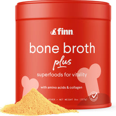 Finn Bone Broth Plus para perros, polvo en pote que facilita la comida.