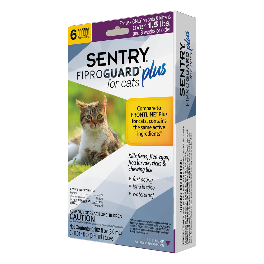 Fiproguard para gatos: aplicación en piel seca entre omóplatos para control de pulgas y garrapatas.