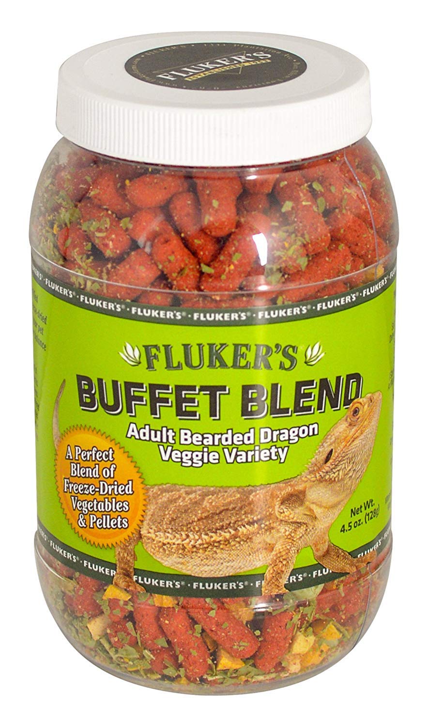 Fluker's Buffet Blend, envase del producto para dragón barbudo, dieta vegetal balanceada.