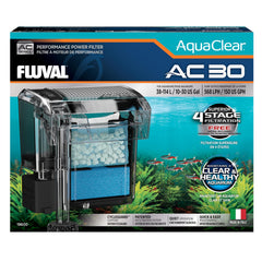 Fluval AC30, frente del filtro, diseño compacto para acuarios ordenados.