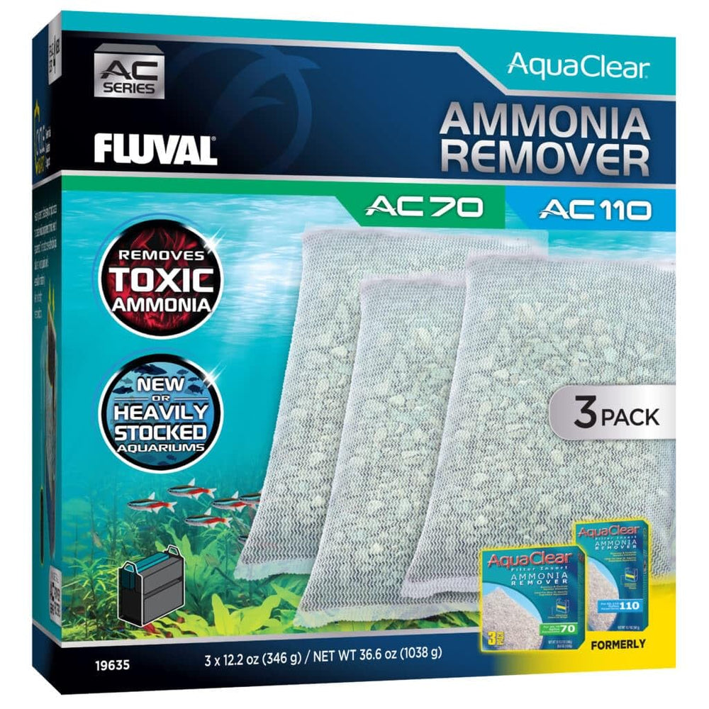 Fluval Eliminador de amoniaco, vista frontal de tres unidades, facilita condiciones estables en el acuario.