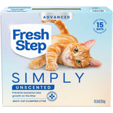 Fresh Step Advanced sin aroma junto a caja de arenero para gatos, control de olores.