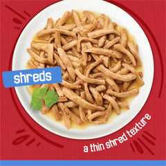 Friskies ternera en salsa deshilachada, trozos que facilitan comer.