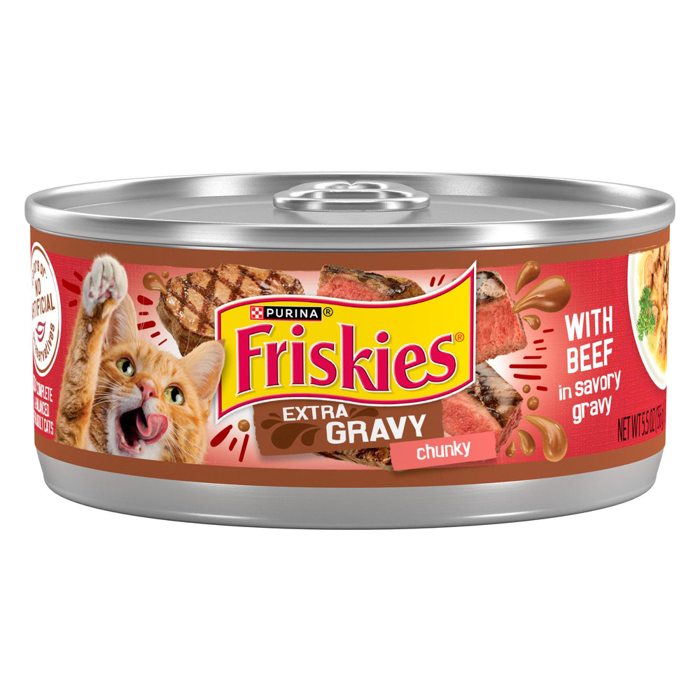 Friskies Extra Gravy: lata con carne de res en salsa sabrosa, ideal para cada comida.