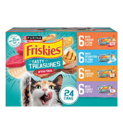 Friskies filetes pollo y atún, lata 5.5 oz, sabor delicioso para gatos.