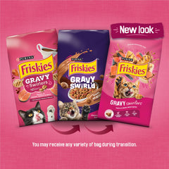 Friskies Gravy Swirlers en bol con salsa incrustada para una experiencia sabrosa.