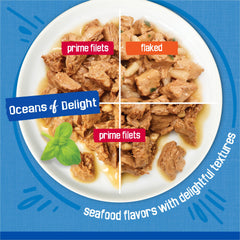 Friskies Cena de filetes marinos con verduras en salsa.