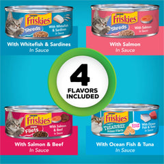 Friskies lata pescado con salsa extra, ideal para una cena rápida y sabrosa.