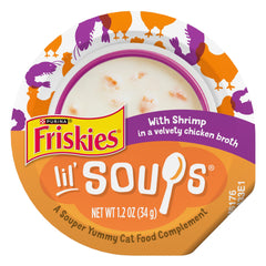 Friskies Lil’ Sopas en copa con camarones y pollo, snack sabroso para gatos.