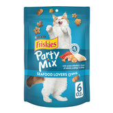 Friskies Mezcla de Fiesta Mariscos: empaque de 6 bolsas para snack diario.