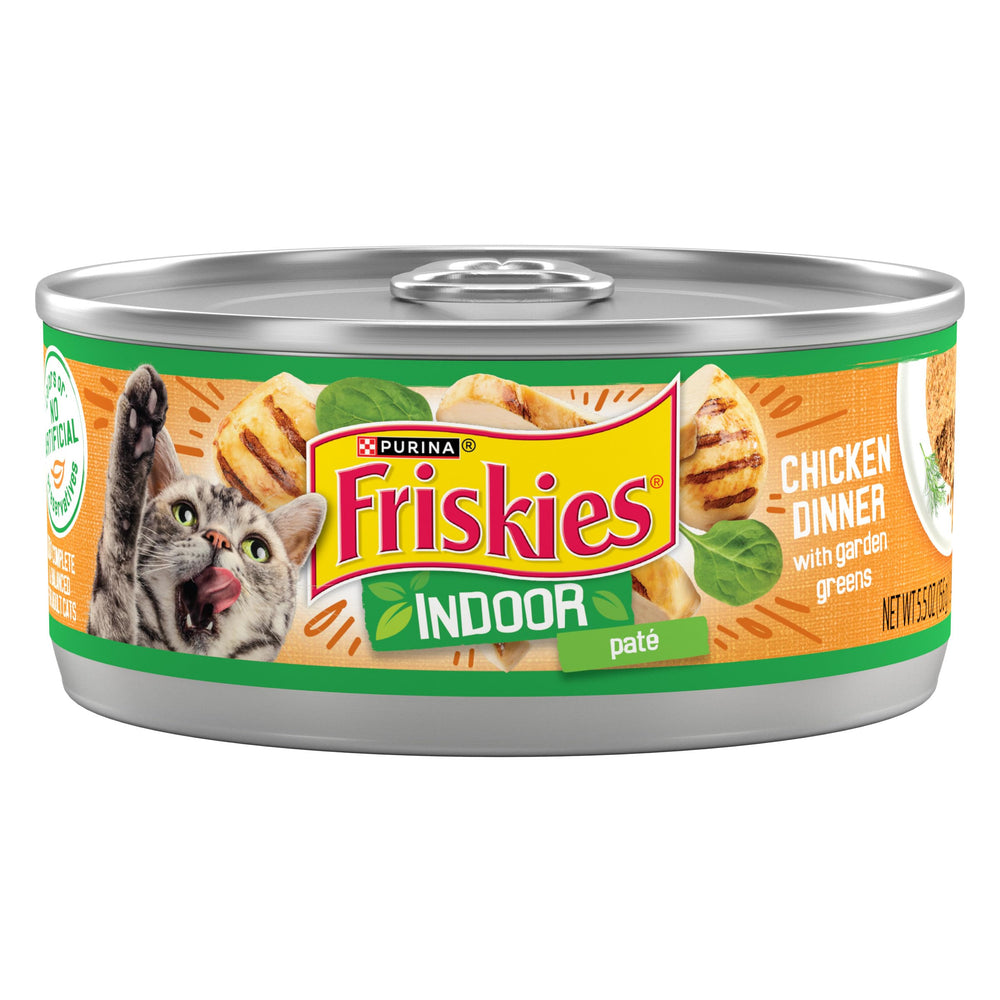 Friskies paté de pollo interno en lata de 24, sabor que encanta a los gatos.