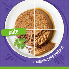 Friskies Pate Variedad Mariscos y Pollo, opciones diarias para su comida.