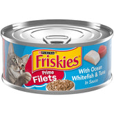 Friskies Prime Filets con bacalao blanco y atún en salsa, trozos jugosos para estimular el apetito.