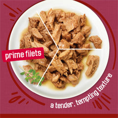 Friskies Filetes carnoso: trozos carne, textura tierna en cada bocado.